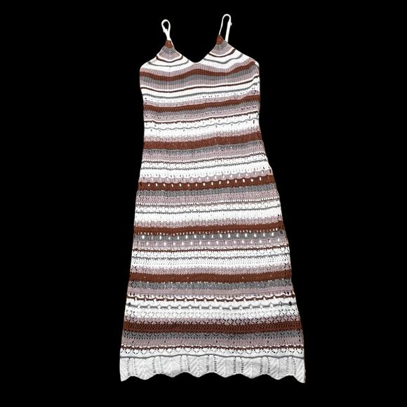 Freshman 1996 Crochet Knit Dress Sz S EarthTones Stripe Midi Lined Stretch Boho - Picture 9 of 16